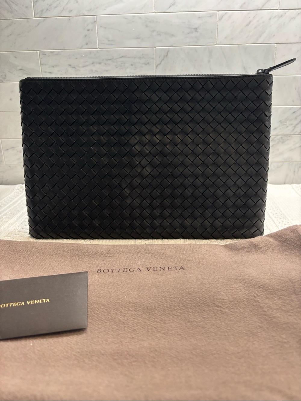 Bottega Veneta Black Intrecciato Leather Unisex Pouch NWT